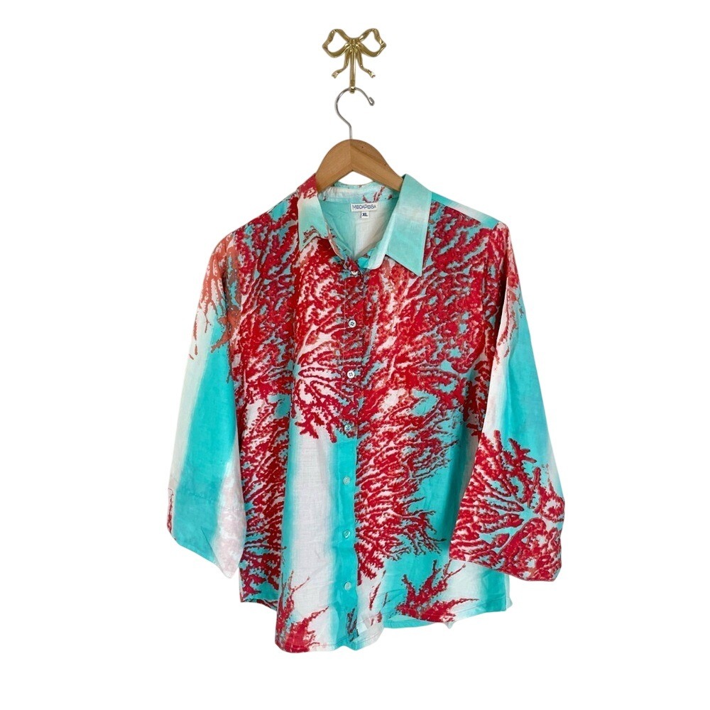 Modaposa Red Coral Print Cotton Button Down Shirt Turquoise XL Coastal Vacation - Picture 2 of 6